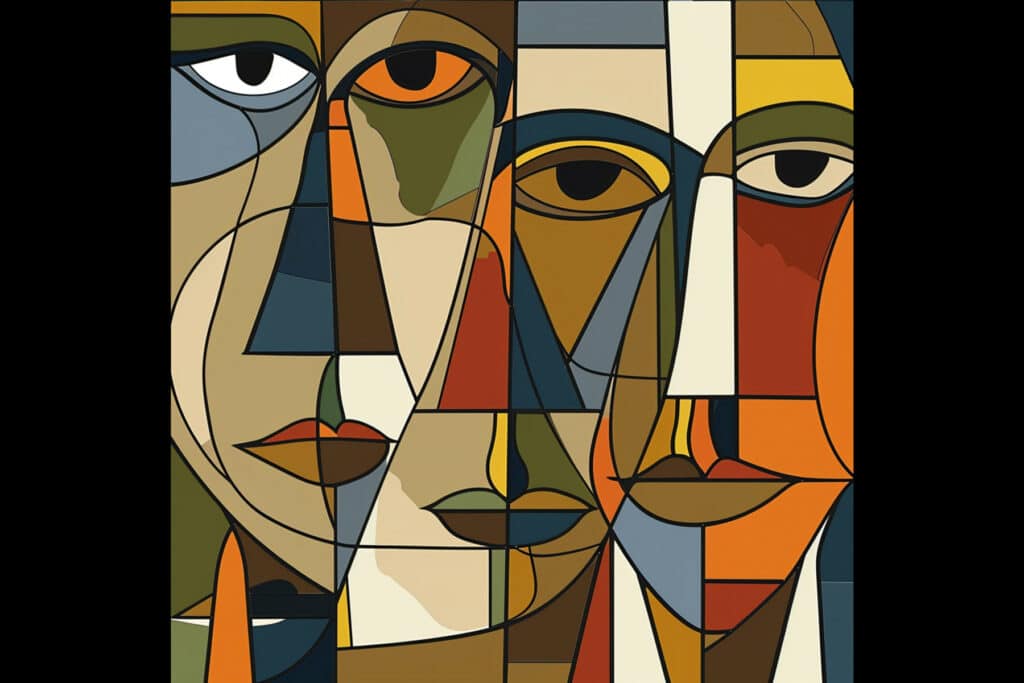 Trois visages peints en style Picasso