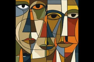 Trois visages peints en style Picasso